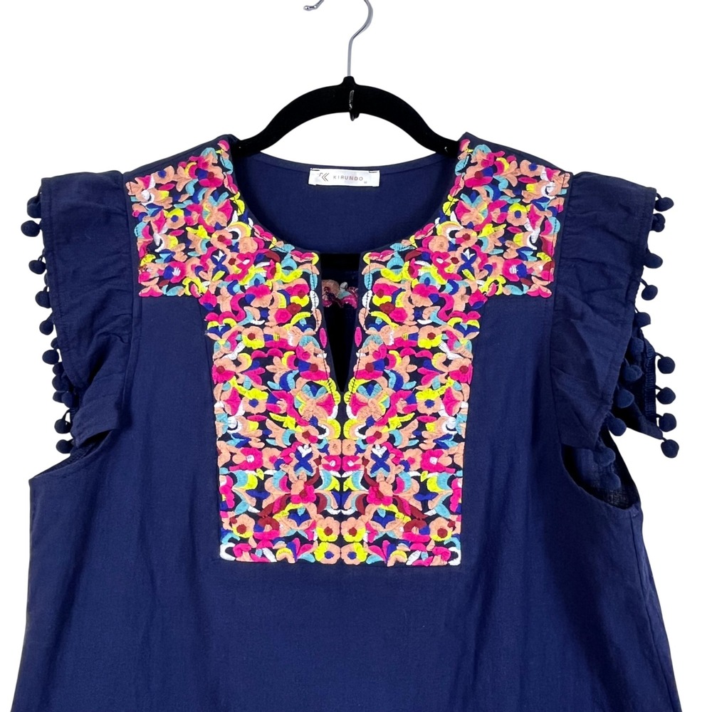 Kirundo Navy Blue Embroidered Pom Pom Ruffle Hem Boho Tunic Dress Medium (C730) - Picture 2 of 8